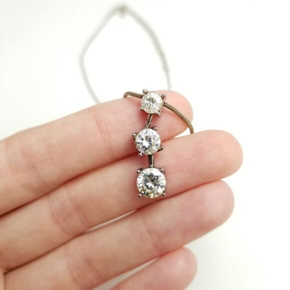 Vintage Triple Rhinestone Pendant Necklace, Silver Tone, Minimal Classic Estate - Picture 1 of 6